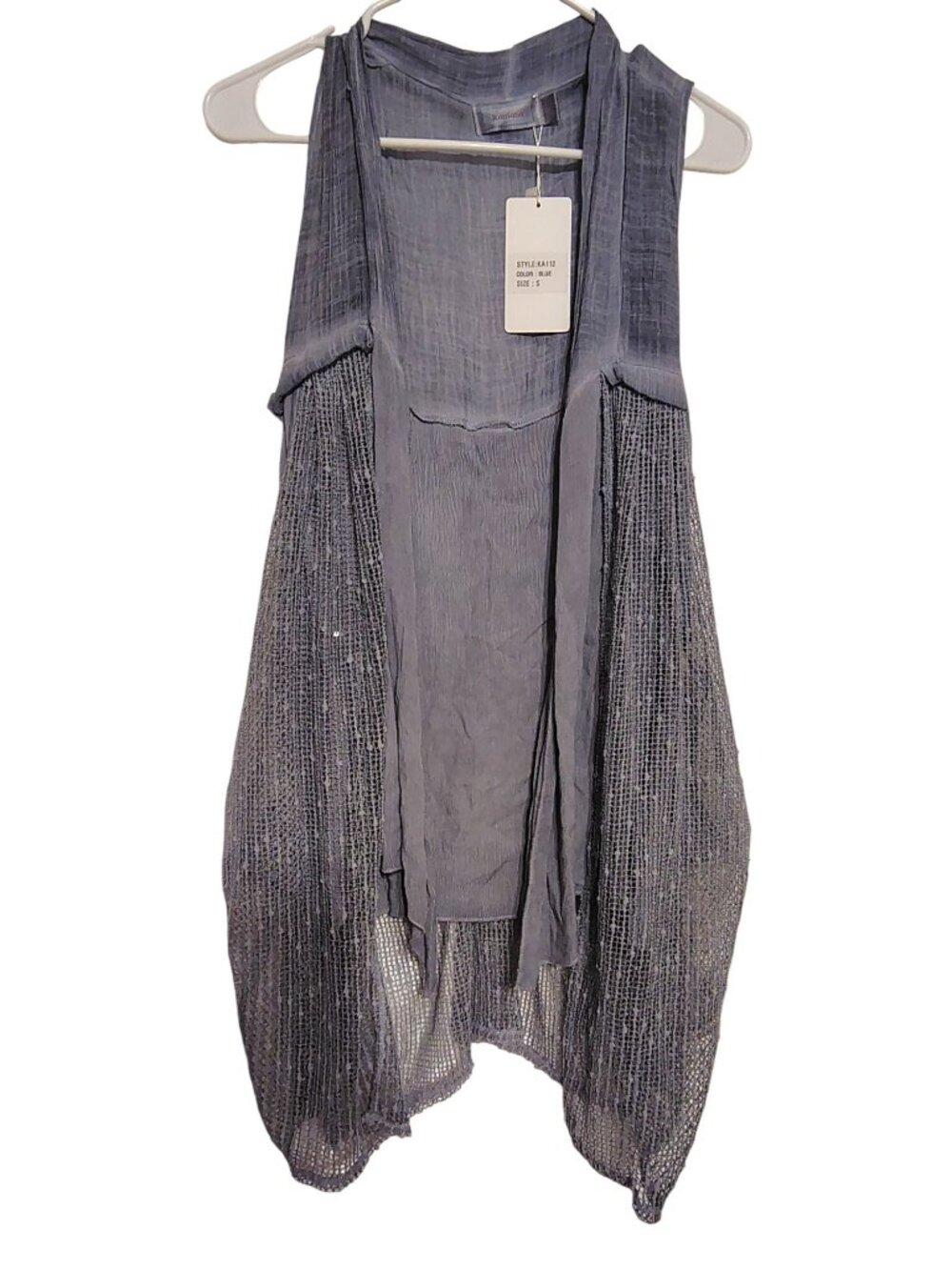 NWT Kamana Small Gray Sleeveless Cardigan, Lagenlook Art to Wear Mesh, Raw Hem